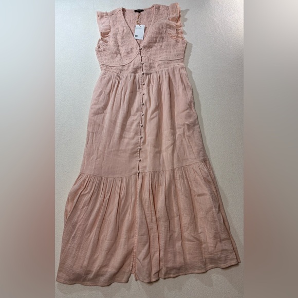 Quince Blush Pink Smocked Midi Dress NWT Ruffle Sleeve Button Front Boho large - Picture 7 of 9